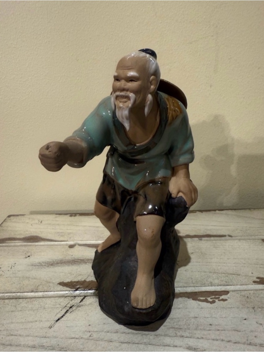 Vintage Chinese Mud Man Figurine - Glazed Ceramic Fisherman Straw Hat & Basket